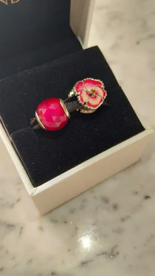 2 Charms Pandora Pensamiento Rosa Flor y Cristal