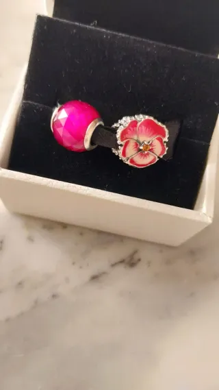 2 Charms Pandora Pensamiento Rosa Flor y Cristal