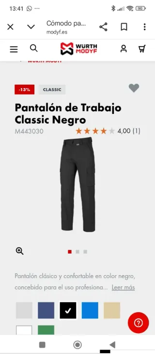 Pantalón de Trabajo Negro Talla L