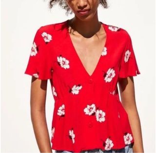 Blusa Zara Roja Flores