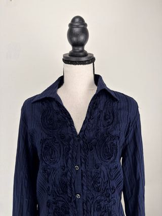Camicia donna blu navy con ricami floreali