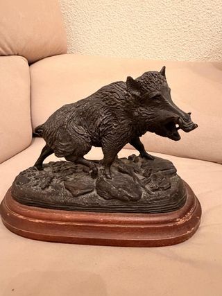 Figura Jabalí Bronce Base Madera