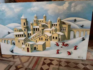 Quadro olio su tela borgo italiano naif