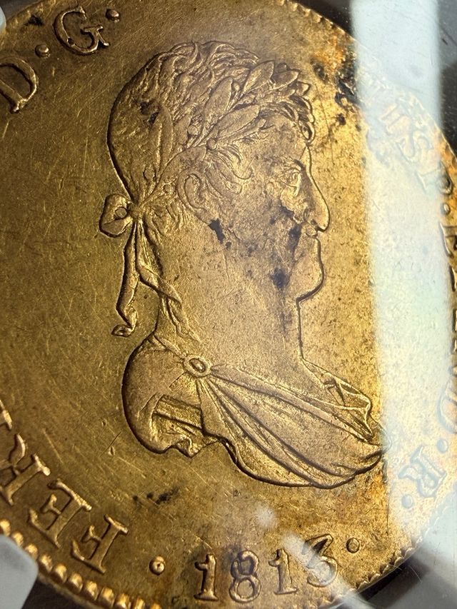 8 Escudos de Lima de 1813  NGC AU Details