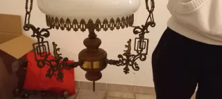 Lampadario metallo, legno e vetro