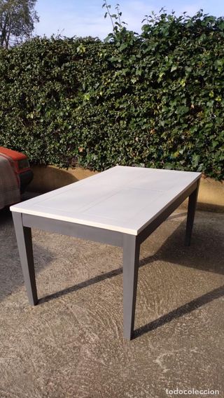 Mesa comedor madera vintage gris y blanca