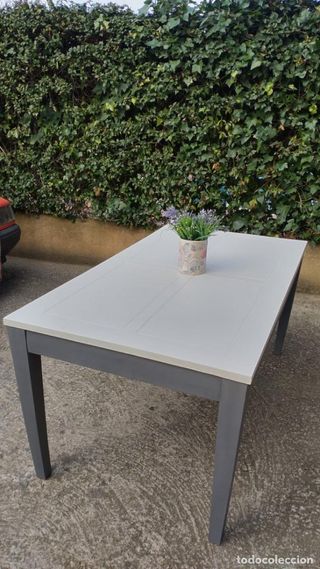 Mesa comedor madera vintage gris y blanca