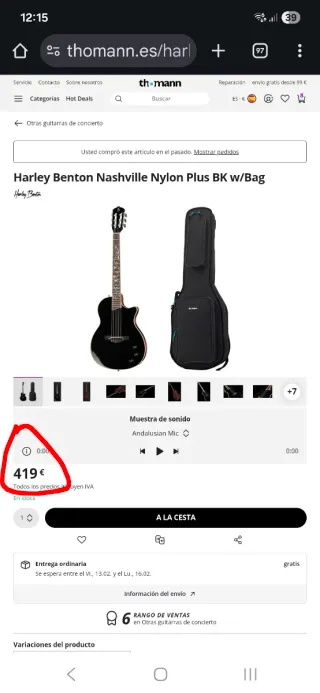 Guitarra electroacústica Harley Benton Nylon.