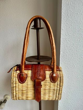 Bolso Cesta Paja y Piel Auténtica