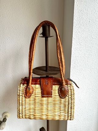 Bolso Cesta Paja y Piel Auténtica