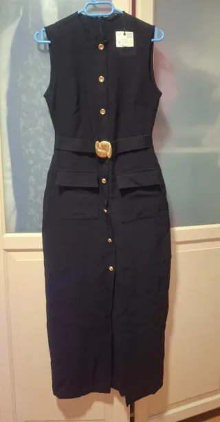 Vestido Negro Zara Botones Dorados Talla M