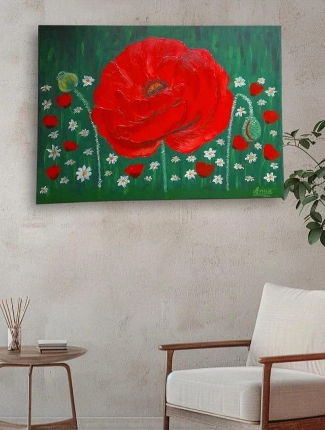 Cuadro pintado a mano amapola roja