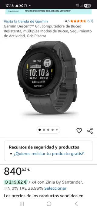 Reloj Garmin Descent G1 Negro/Gris