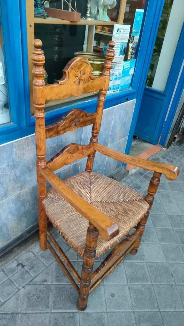 Silla Antigua de Madera y Yute / Ratán 640513971