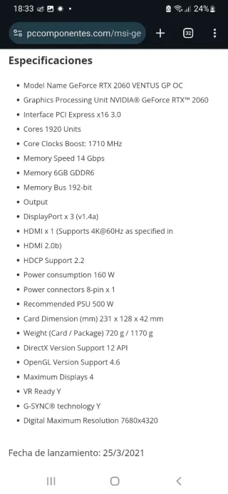 RTX 2060 6GB OC GDDR6 MSI