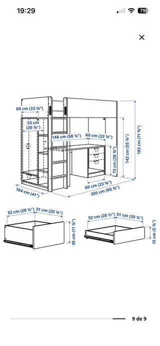 Cama alta IKEA blanca con escritorio y cajones
