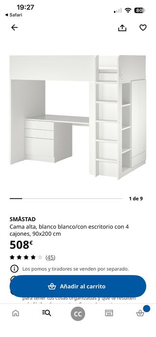 Cama alta IKEA blanca con escritorio y cajones