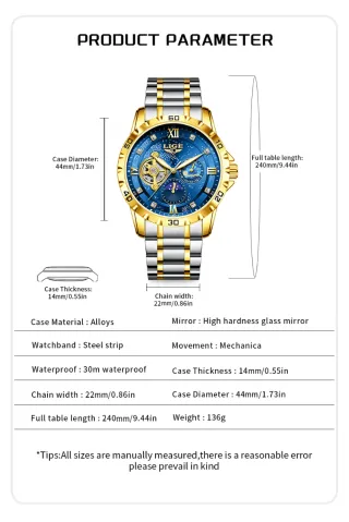 Reloj LIGE Automático Hombre Azul Dorado
