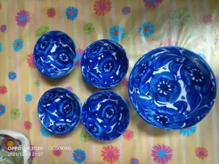 Juego 5 Cuencos Cerámica Flores Azules