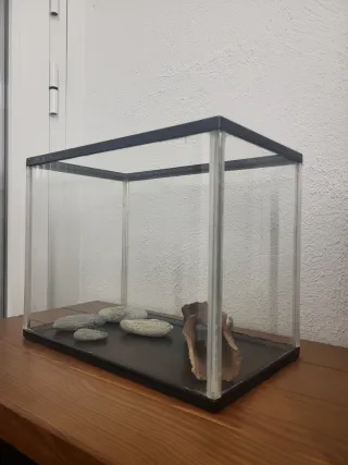 Acuario con piedras y figura decoración