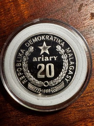 Moneda de 20 Ariary 1988 en plata .925 PROOF
