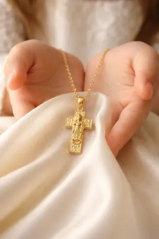 Collar Cruz Virgen Milagrosa Acero Oro