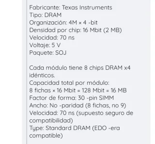 Memoria RAM EDO 32MB 2x16 72 pines 486-1⁰Pentium