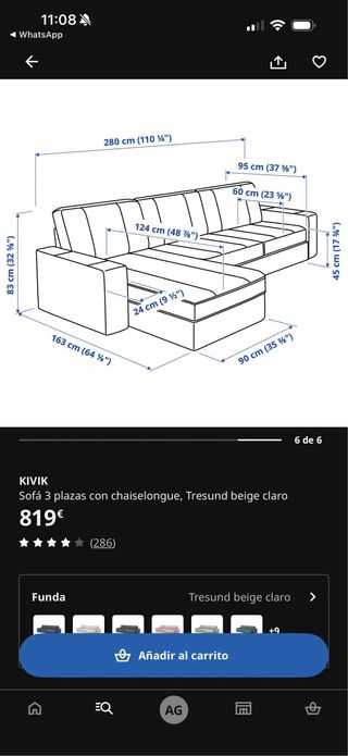 Sofá IKEA KIVIK 3 plazas + chaiselongue