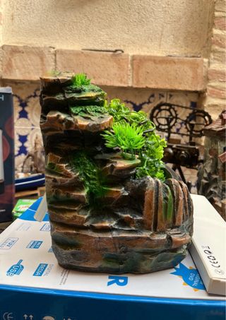 Fuente de agua decorativa con plantas