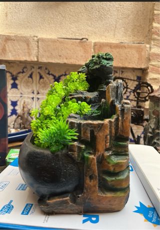 Fuente de agua decorativa con plantas