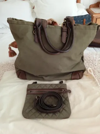 Bolso Massimo Dutti Verde Lona y Piel