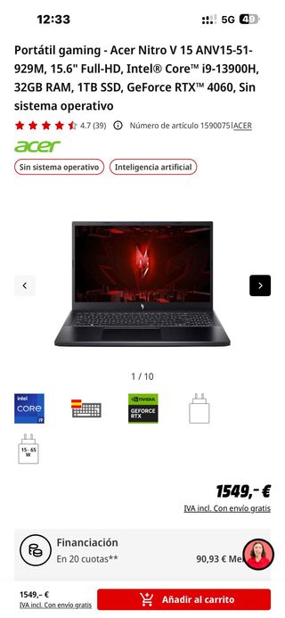 Portátil Gaming i9 13ª RTX 5050 32GB 1TB SSD 180Hz