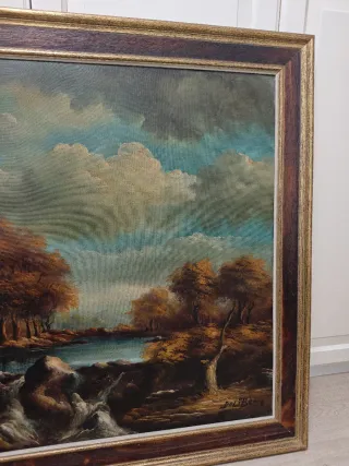 Cuadro al óleo antiguo paisaje río 135x90cm