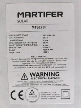 4 Placas Solares Martifer 225W - 900W Total