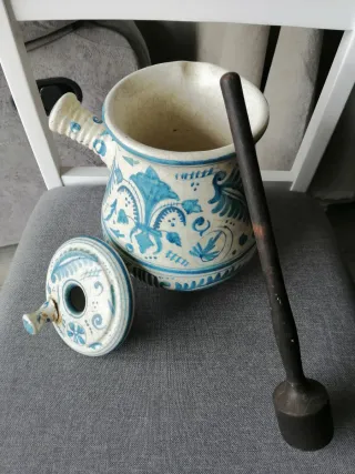 Chocolatera cerámica Manises azul y blanco