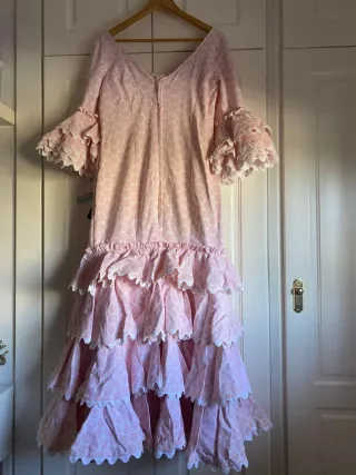 Traje Flamenca Piqué Blanco Lunar Rosa Bebé