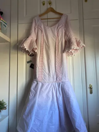 Traje Flamenca Piqué Blanco Lunar Rosa Bebé
