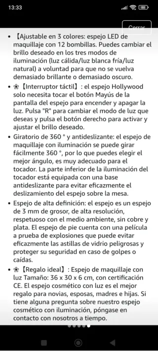 Espejo de maquillaje con luz LED