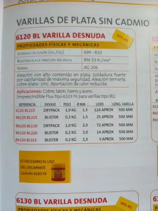 Varilla soldadura plata 20% Castolin 1.5mm