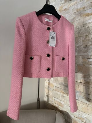 Chaqueta Tweed Canalé Mango Rosa Talla S