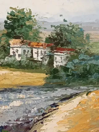 Cuadro óleo paisaje flores y casa