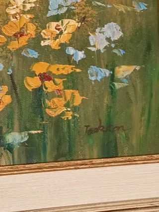 Cuadro óleo paisaje flores y casa