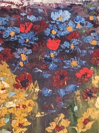 Cuadro óleo paisaje flores y casa