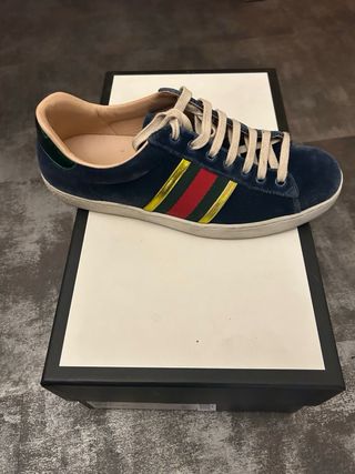 Scarpe Gucci Blu con Strisce Rosse e Oro