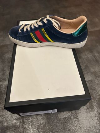 Scarpe Gucci Blu con Strisce Rosse e Oro