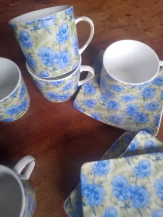 Set 6 Tazzine Caffè con Piattini Fiori Blu