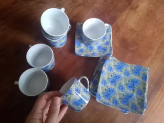 Set 6 Tazzine Caffè con Piattini Fiori Blu