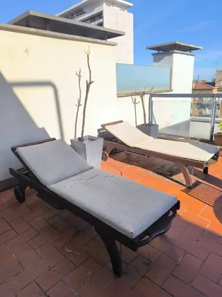 Set teca terraza, mesa, sillas, camarera, tumbonas