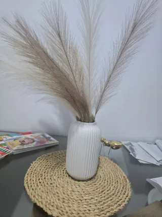 Jarrón blanco con plumas decorativas