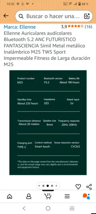 Auriculares Ellenne Bluetooth 5.2 ANC